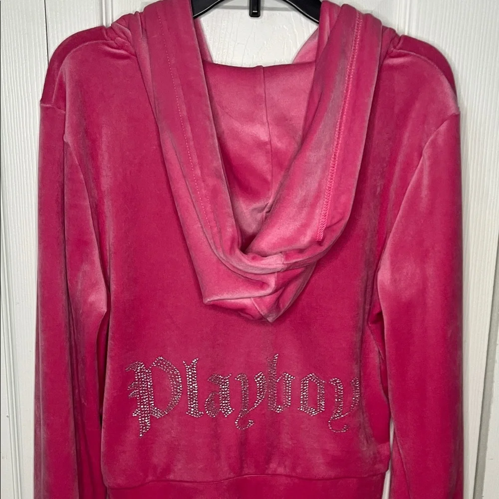 PLAYBOY Pink Velour Full Zip Hoodie Rhinestone Bunny Logo Size Small - Picture 7 of 9